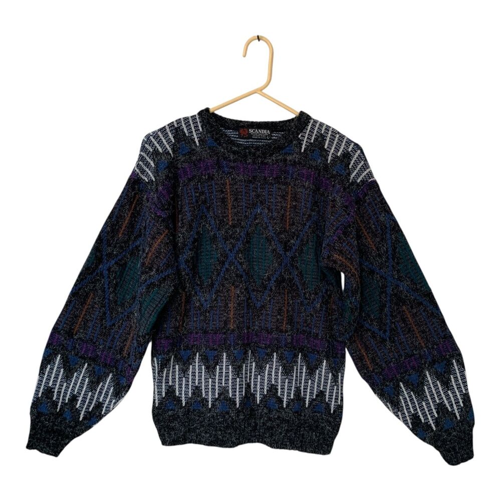 Vintage Scandia Men's Sweater LARGE 1980s Nordic Style Geometric Made in USA